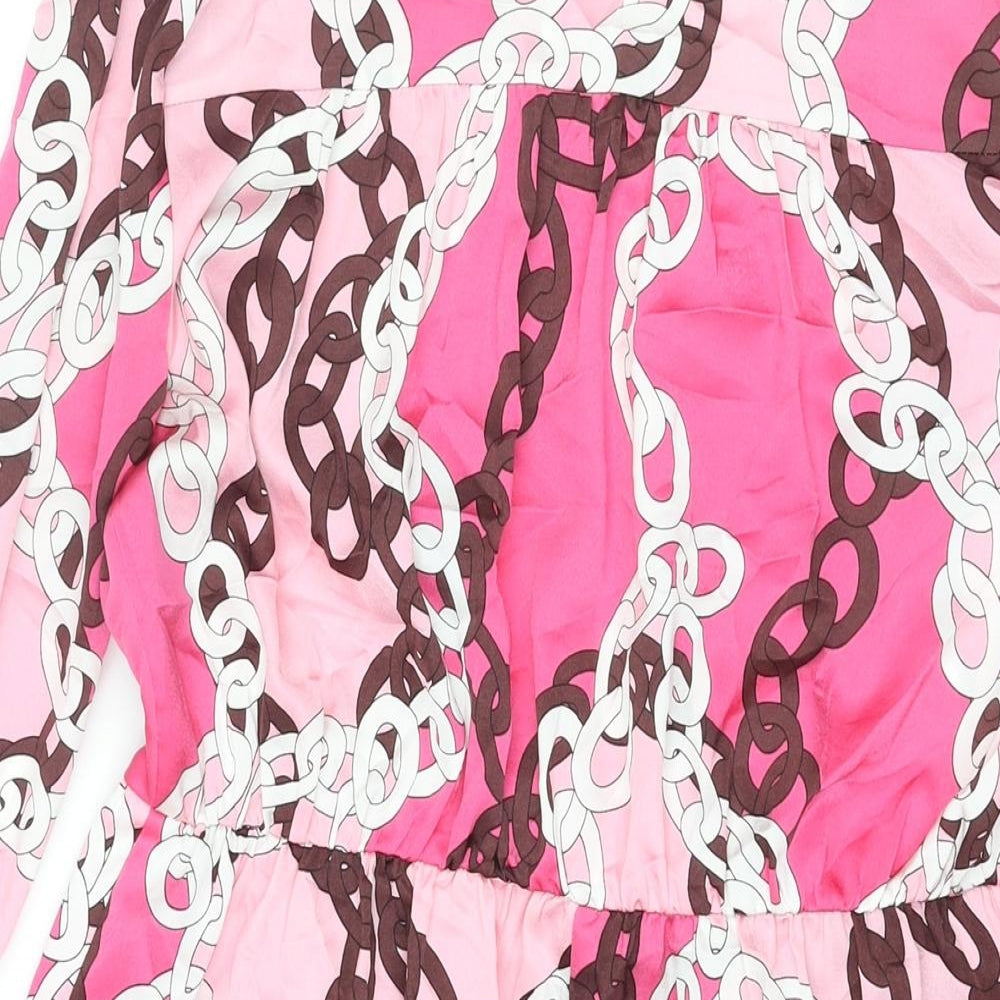 Dunnes Stores Womens Pink Geometric Polyester Shirt Dress Size M Collared Button - Tie Detail Chain Print
