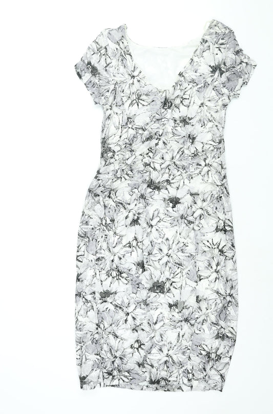 Roman Womens Grey Floral Polyester Bodycon Size 12 Boat Neck Pullover - Rouched
