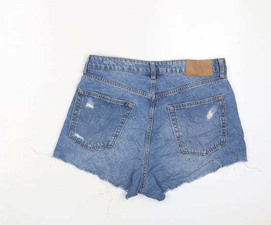 H&M Womens Blue Cotton Basic Shorts Size 30 in Regular Button - Distressed