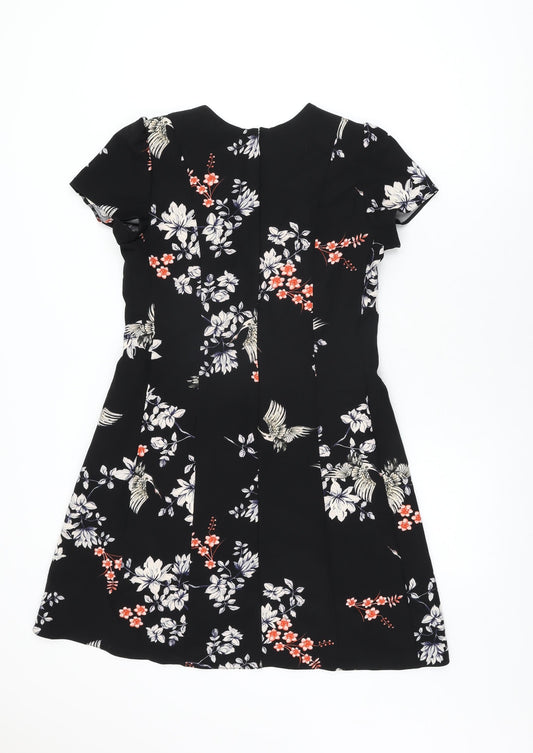 Dorothy Perkins Womens Black Floral Polyester A-Line Size 12 Round Neck Zip