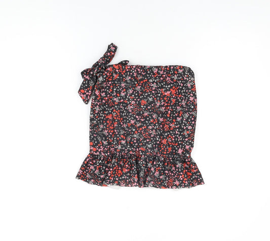 PRETTYLITTLETHING Womens Black Floral Polyester Wrap Skirt Size 6 Tie