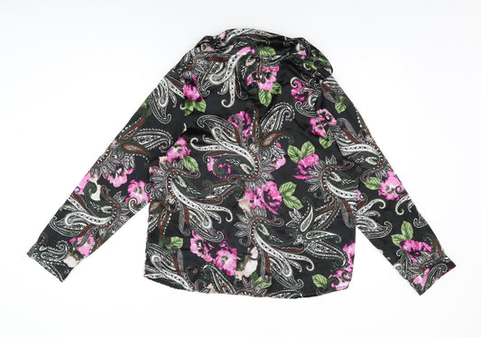 Boohoo Womens Black Floral Polyester Basic Button-Up Size L Collared