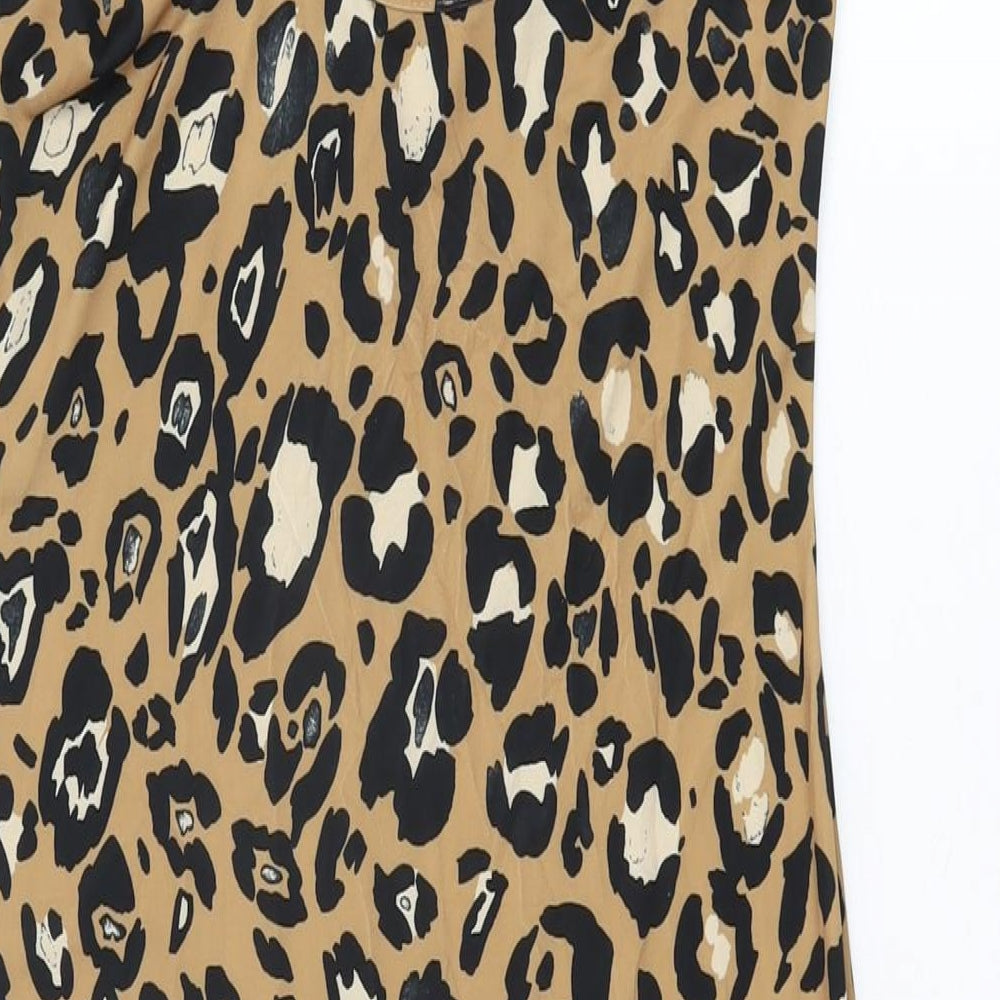 Brand and care label for ASOS women’s brown animal print polyester bodycon, size UK 8, cowl neck pullover