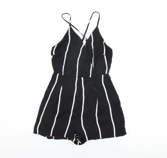 Additional front view of Missguided women’s black striped polyester playsuit one-piece, size UK 6, zip