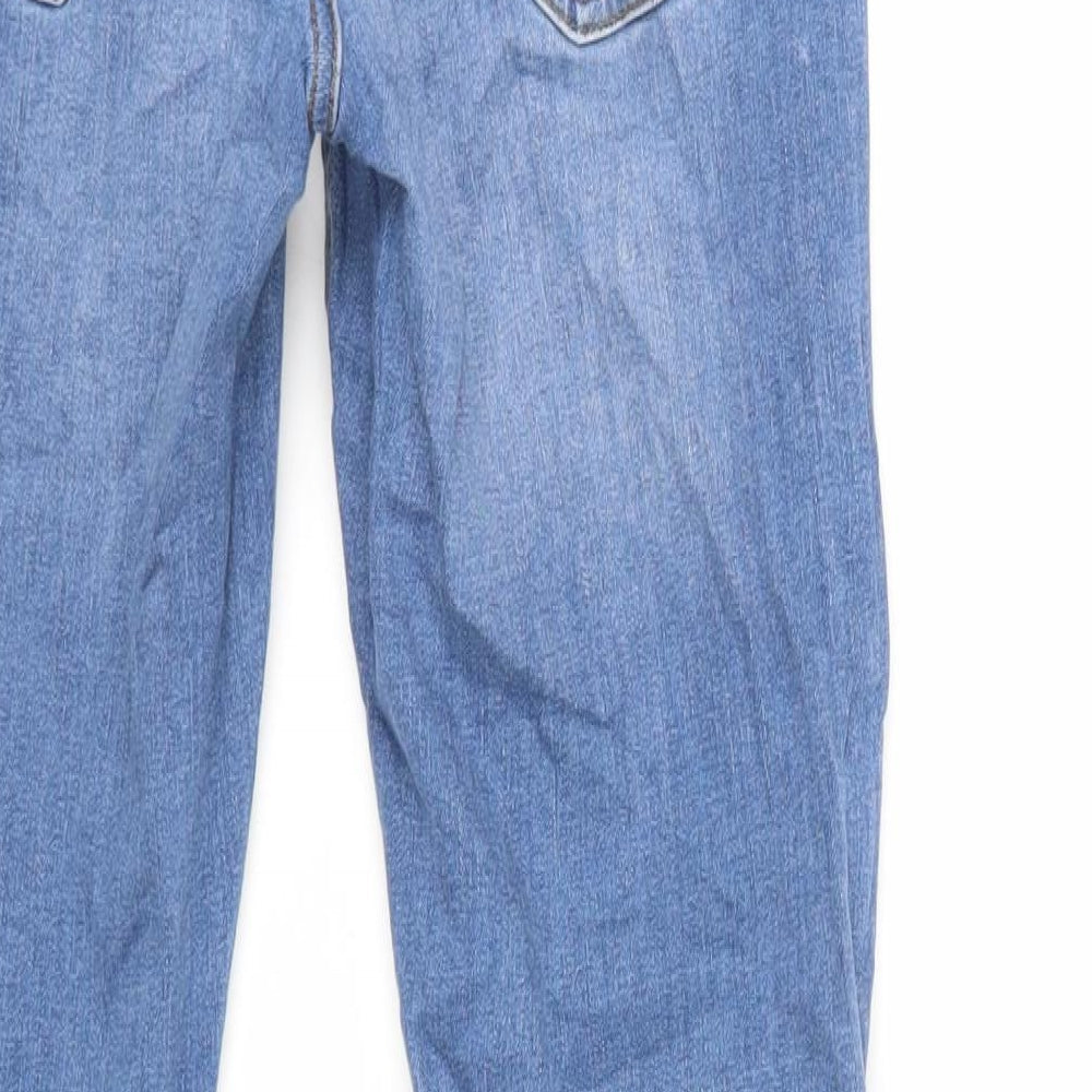 Brand and care label for ASOS women’s blue cotton skinny jeans, size UK 30, in, 28-inch leg regular zip
