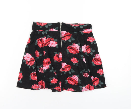 H&M Womens Black Floral Viscose Skater Skirt Size XS Zip