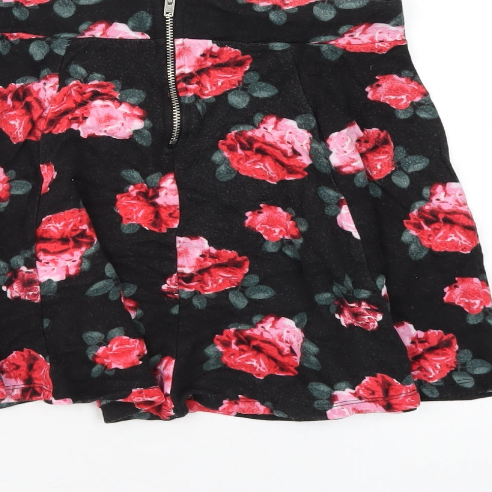 H&M Womens Black Floral Viscose Skater Skirt Size XS Zip