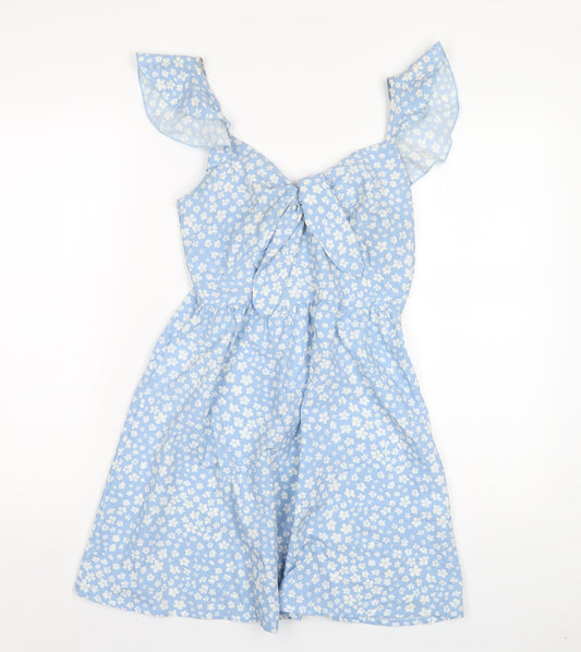 QED London Womens Blue Floral Polyester A-Line Size 6 V-Neck Zip