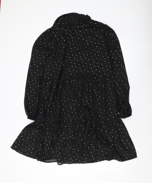 Marks and Spencer Womens Black Geometric Polyester A-Line Size 14 Collared Button