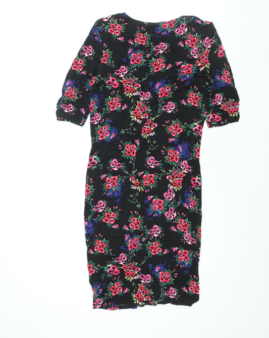 Oasis Womens Black Floral Viscose Bodycon Size M Round Neck Pullover - Rouched