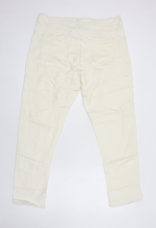 M&S Womens Ivory Herringbone Cotton Tapered Jeans Size 18 L28 in Regular