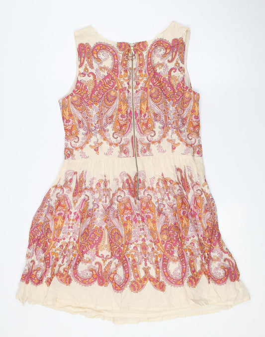 Oasis Womens Multicoloured Cotton A-Line Size 14 V-Neck Zip - Embellished Waist and Shoulders