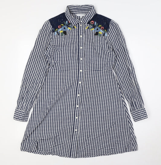 Additional front view of Red Herring women’s blue check cotton a-line, size UK 10, collared button - embellished shoulders