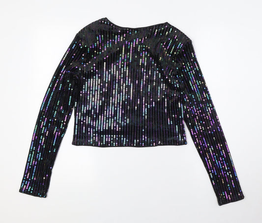 Divided by H&M Womens Black Polyester Basic Button-Up Size S Round Neck - Sequins