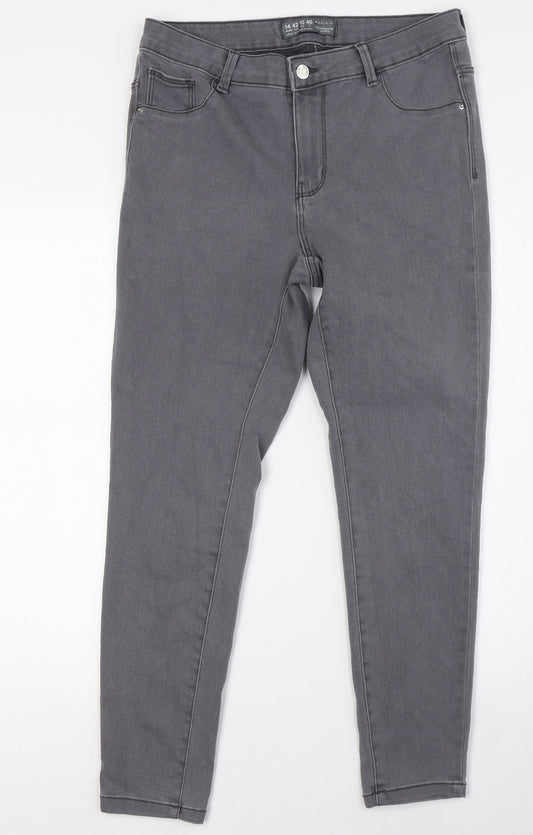 Additional front view of Denim & Co. women’s grey cotton skinny jeans, size UK 14, 28-inch leg regular button