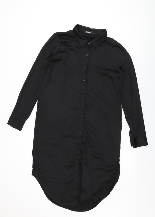 Additional front view of Missguided women’s black floral polyester shirt dress, size UK 10, collared button