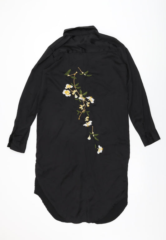 Missguided Womens Black Floral Polyester Shirt Dress Size 10 Collared Button
