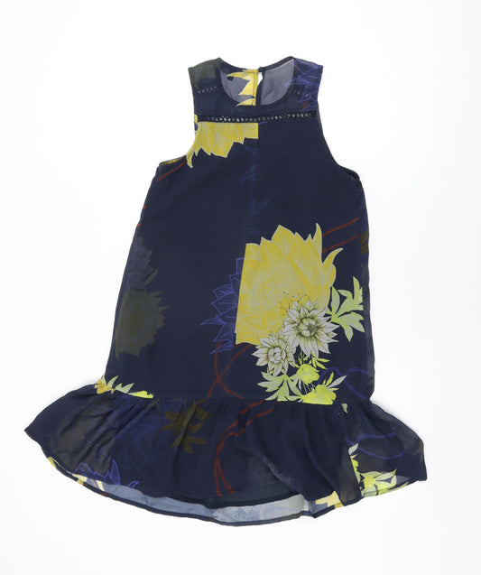 NEXT Womens Blue Floral Polyester Shift Size 6 Round Neck Button