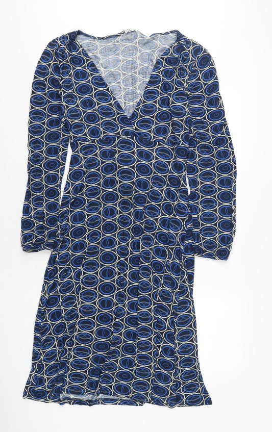 Additional front view of b.young women’s blue geometric viscose a-line, size L, v-neck pullover
