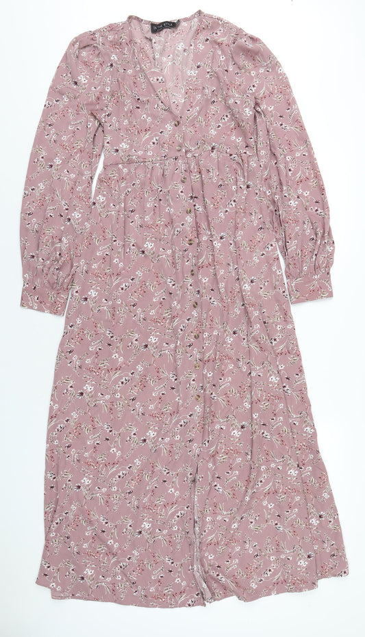 Additional front view of In the Style women’s pink floral polyester a-line, size UK 10, v-neck button