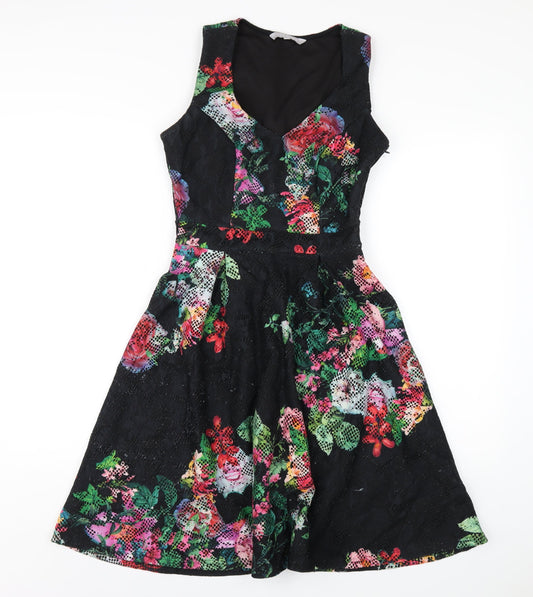 Additional front view of Red Herring women’s multicoloured floral polyester a-line, size UK 8, v-neck zip