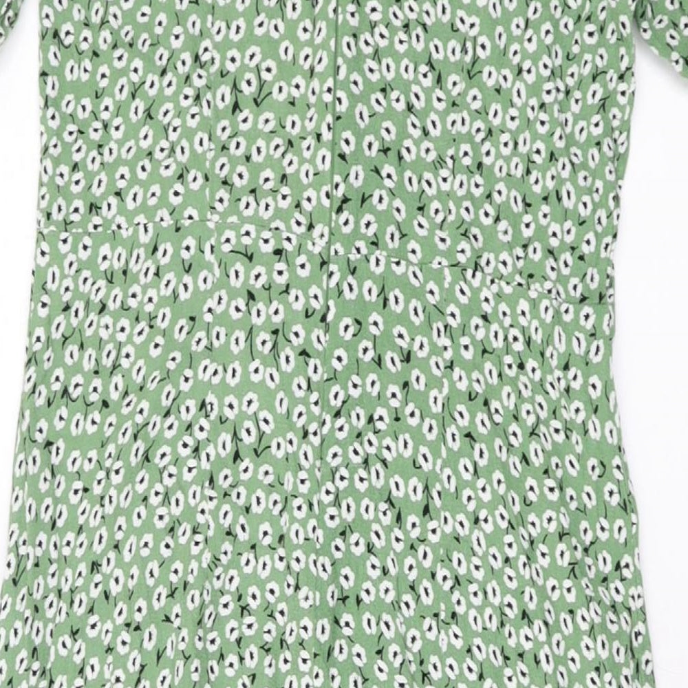 H&M Womens Green Floral Polyester A-Line Size 10 Square Neck Zip