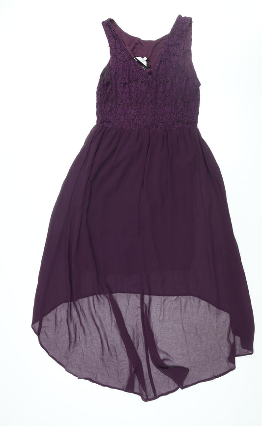 New Look Womens Purple Cotton Shift Size 12 Round Neck Zip - Lace Bodice