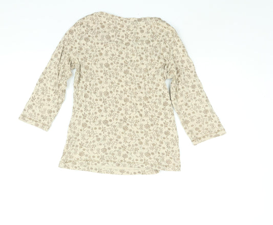 M&Co Womens Beige Floral Cotton Basic T-Shirt Size S Round Neck - Button Detail