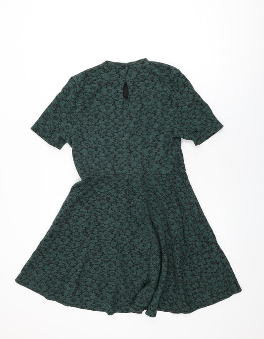 Topshop Womens Green Floral Cotton Skater Dress Size 12 Round Neck Button