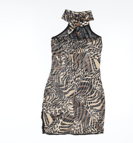 Progress Womens Black Animal Print Polyester Bodycon Size M Round Neck Tie