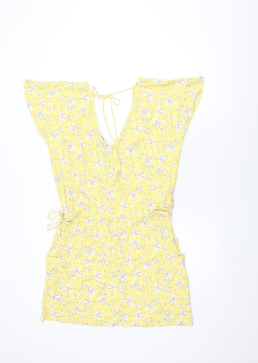 NEXT Womens Yellow Floral Cotton Shift Size 12 V-Neck Tie