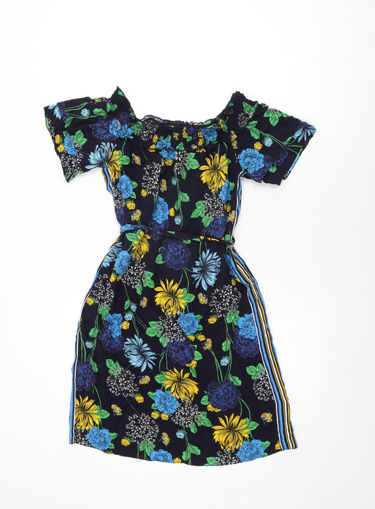 Additional front view of Red Herring women’s blue floral viscose shift, size UK 8, off the shoulder pullover
