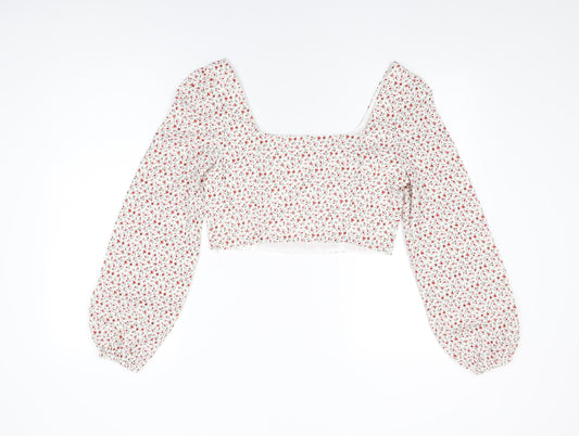 Glamorous Womens Ivory Floral Polyester Cropped Blouse Size 10 Square Neck