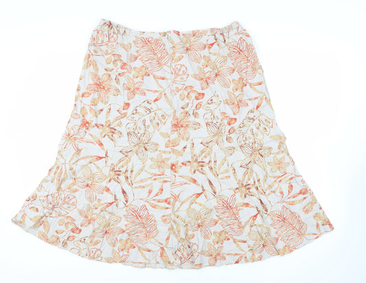 Damart Womens Beige Floral Linen Flare Skirt Size XL Zip