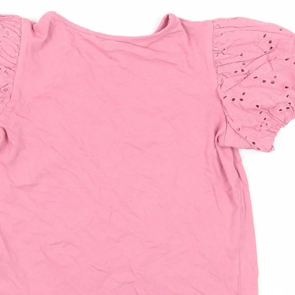 Brand and care label for Next girls’ pink cotton basic t-shirt, size 7, years crew neck pullover - broderie anglaise