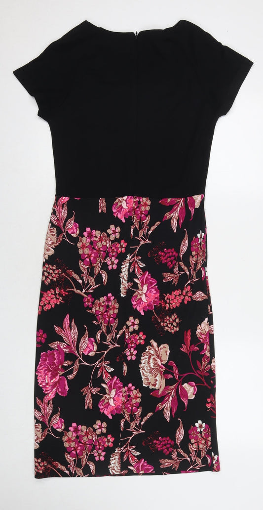NEXT Womens Black Floral Viscose A-Line Size 12 V-Neck Zip
