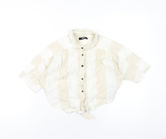 Additional front view of BDG women’s beige check linen cropped button-up, size XS, collared