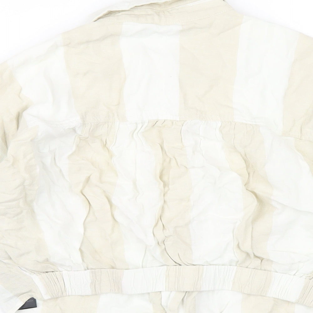 Brand and care label for BDG women’s beige check linen cropped button-up, size XS, collared