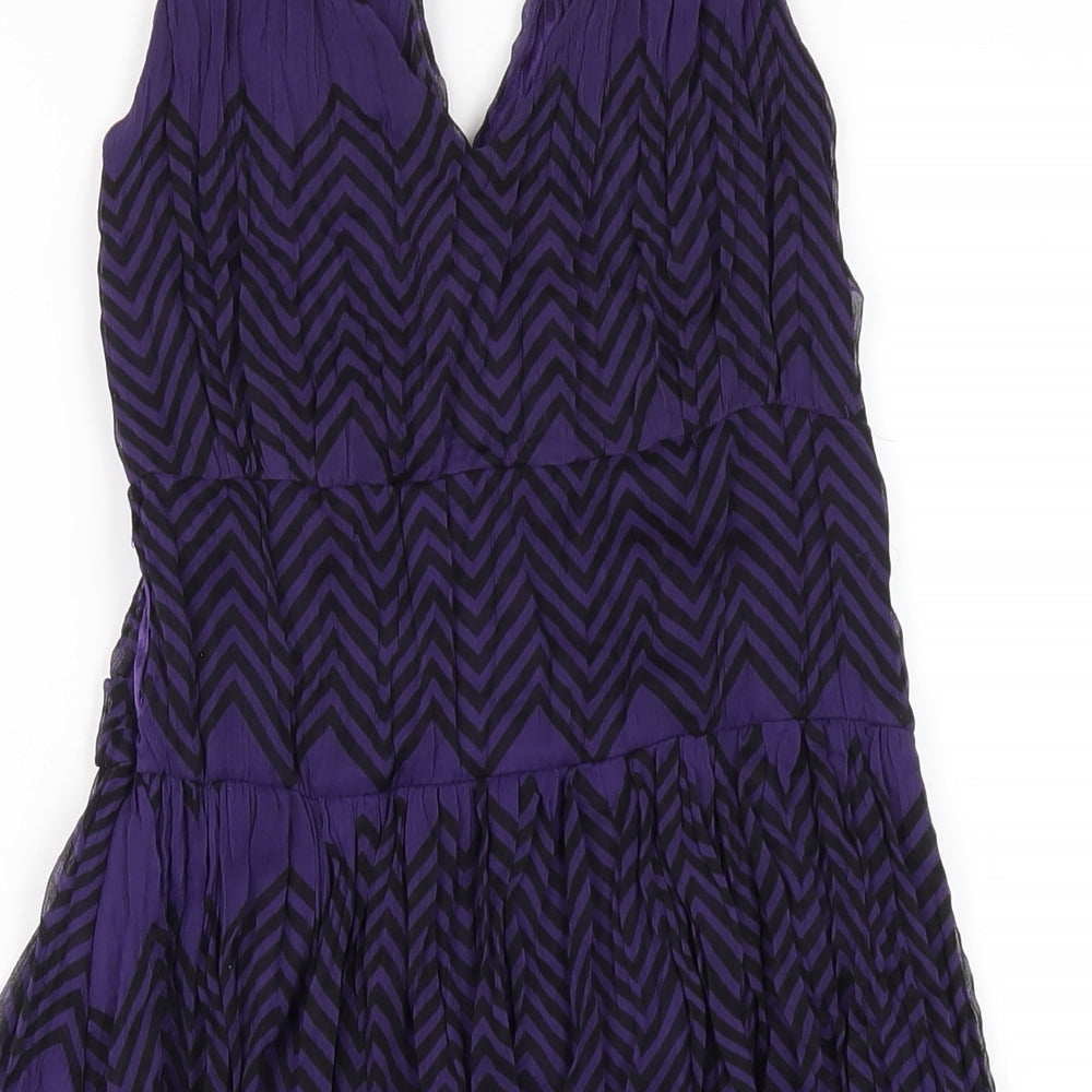 Only Womens Purple Geometric Polyester A-Line Size M V-Neck Zip