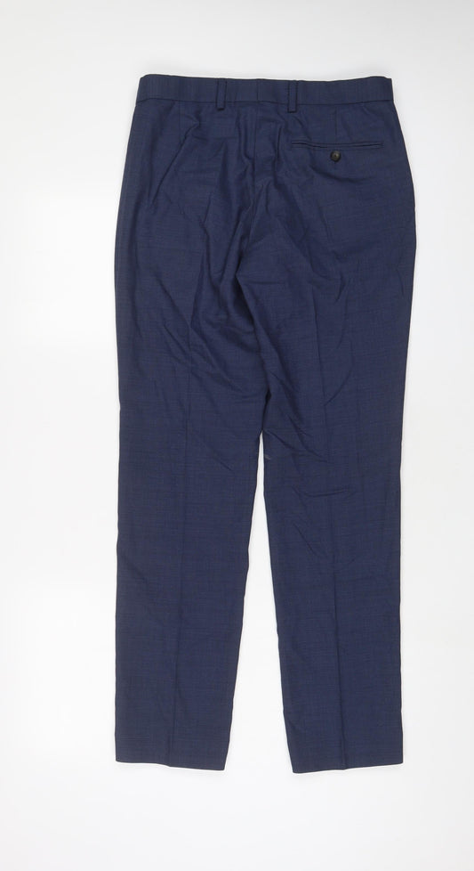 Marks and Spencer Mens Blue Wool Trousers Size 30 in L31 in Regular Hook & Eye