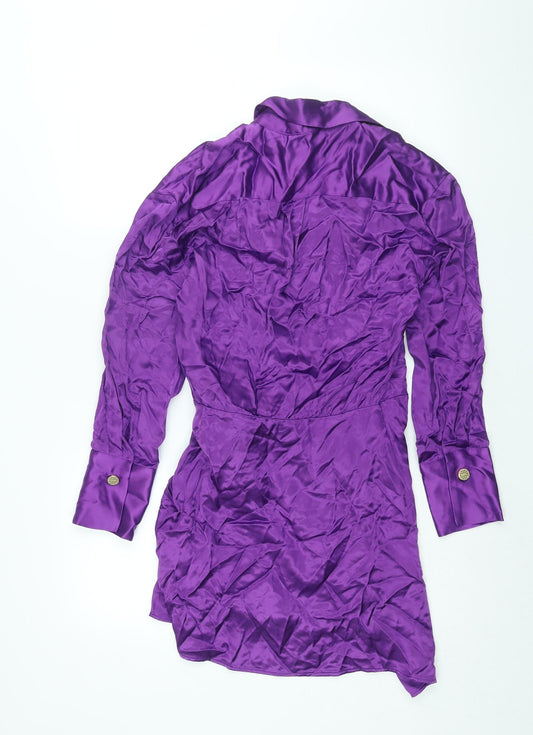 Zara Womens Purple Viscose Wrap Dress Size S Collared Tie