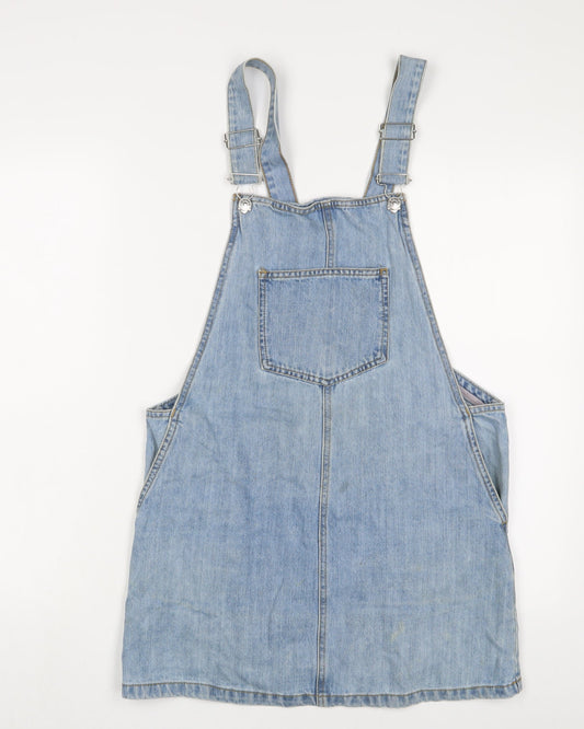 Additional front view of Only women’s blue cotton pinafore/dungaree dress, size UK 10, square neck button