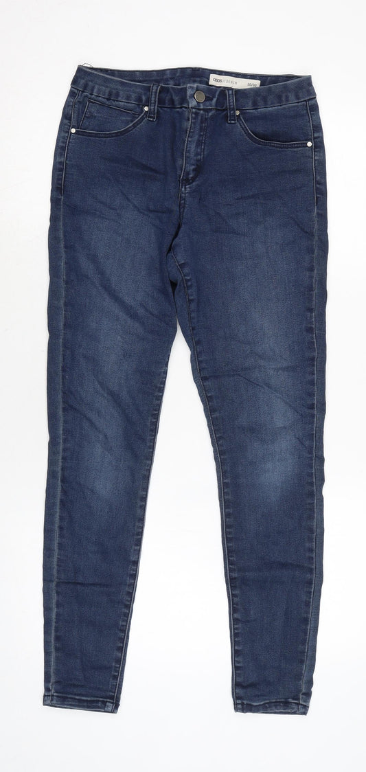 Additional front view of ASOS women’s blue cotton blend skinny jeans, size UK 26, in, 27-inch leg regular zip
