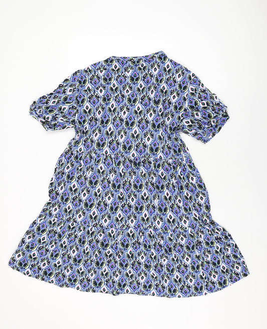 Marks and Spencer Womens Blue Geometric Viscose Shift Size 12 Round Neck Button