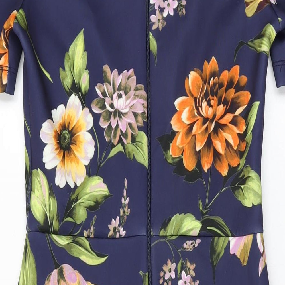 Brand and care label for ASOS women’s blue floral polyester bodycon, size UK 10, round neck zip