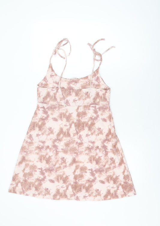 Topshop Womens Pink Geometric Polyester Skater Dress Size 12 Square Neck Pullover