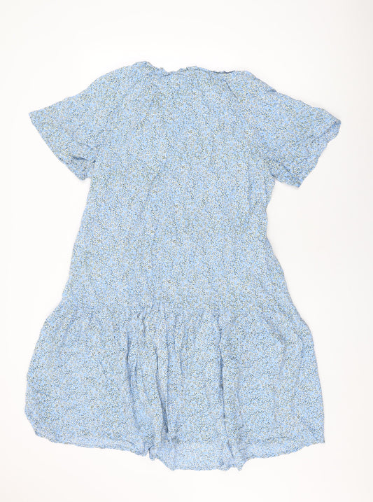 Monsoon Womens Blue Floral Viscose Shift Size L V-Neck Pullover