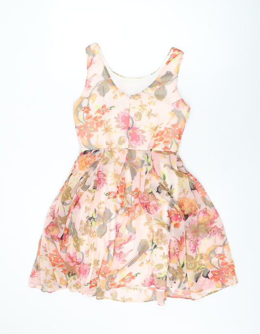 Apricot Womens Pink Floral Polyester Skater Dress Size XS Round Neck Zip