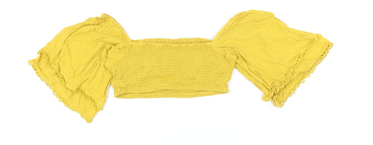 Boohoo Womens Yellow Cotton Cropped Button-Up Size 14 Square Neck - Smocked detail