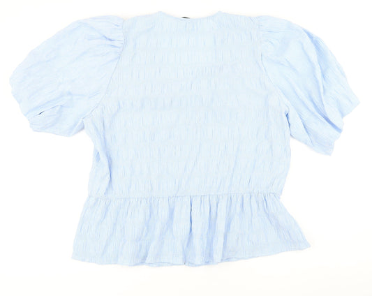 Gallery Womens Blue Check Polyester Basic Button-Up Size 18 V-Neck - Smocked detail